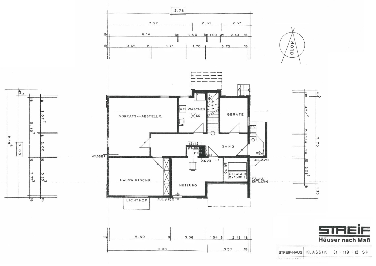 Grundriss eines Hauses: Kellergeschoss mit Vorratsabstellr., Waschen, Geräte, Gang, Heizung.