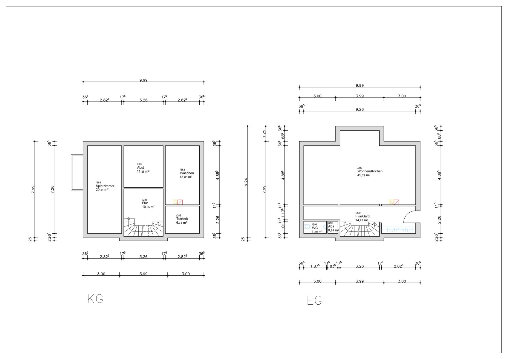 Zwei Grundrisse eines Hauses: KG und EG mit mehreren Zimmern, Flur, Treppen und Maßen.
