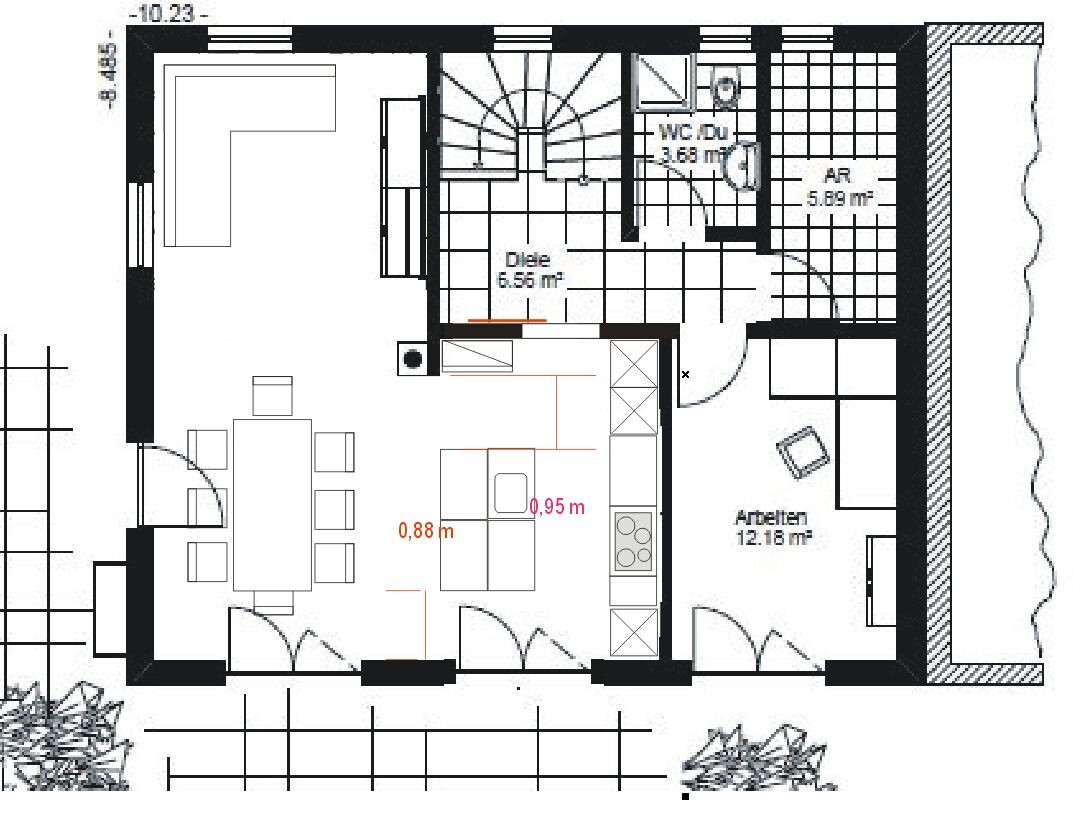 Grundriss: offenes Wohn-Esszimmer mit Küche, Arbeitszimmer, Diele und WC