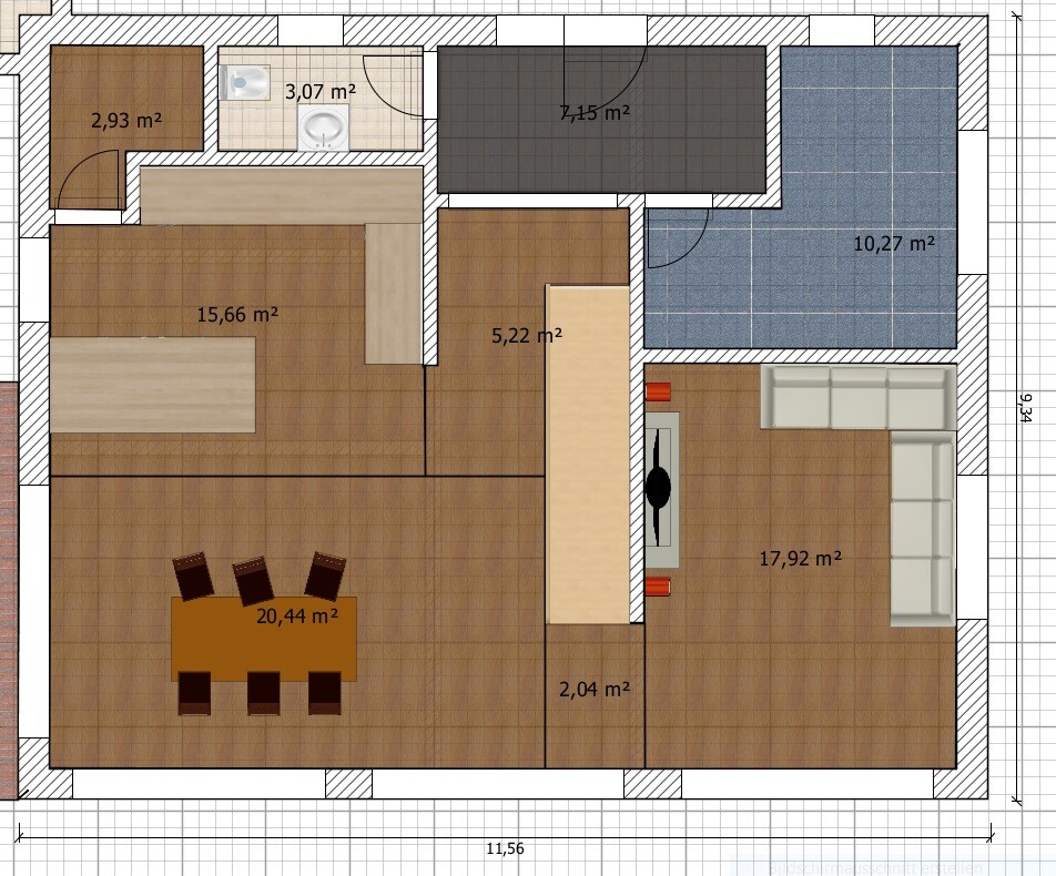 2D-Grundriss eines Hauses mit Küche, Essbereich, Wohnzimmer, Bad und Schlafzimmer