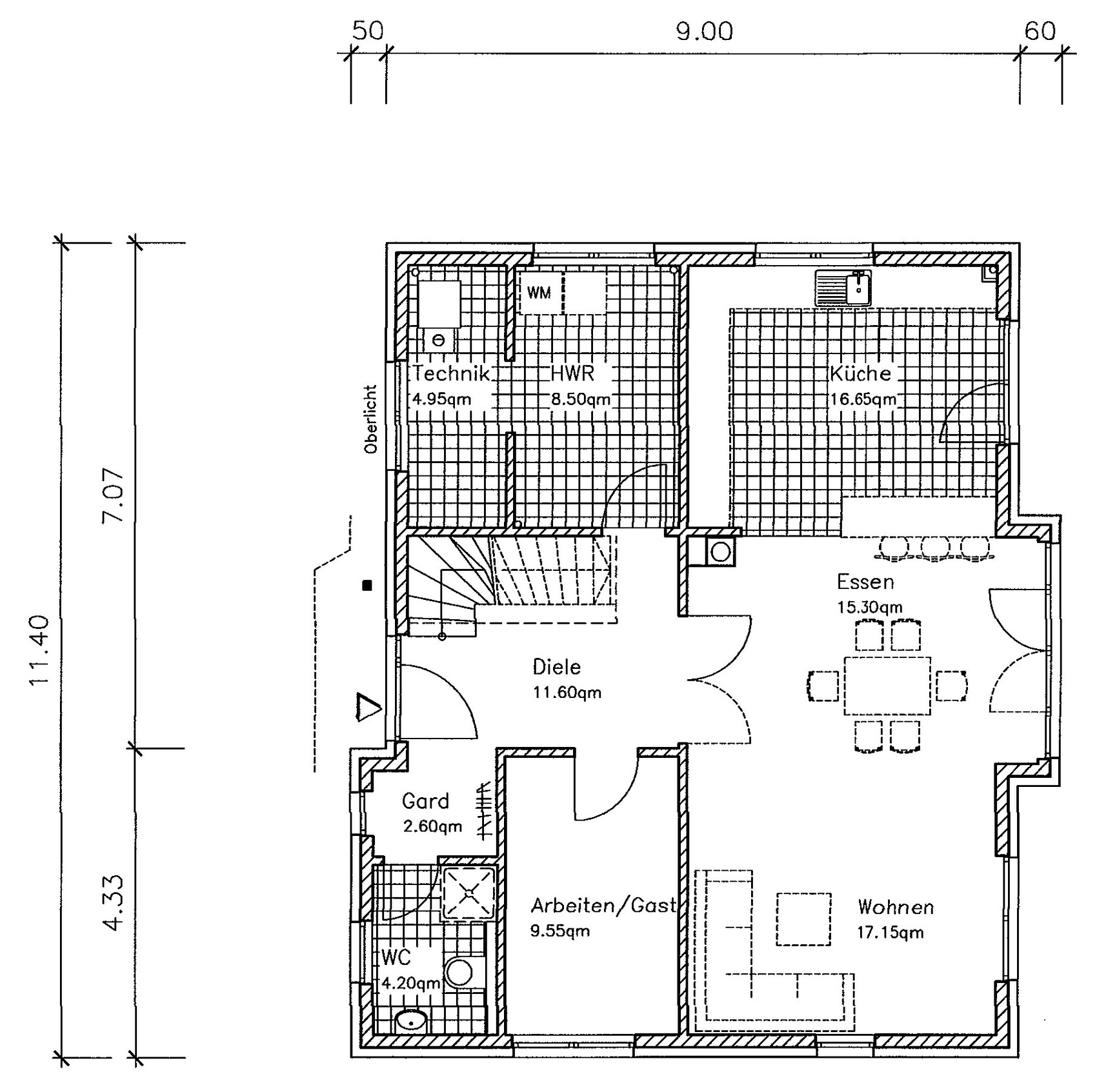 Grundriss eines Hauses mit Küche, Essbereich, Wohnzimmer, Diele, Technikraum und WC