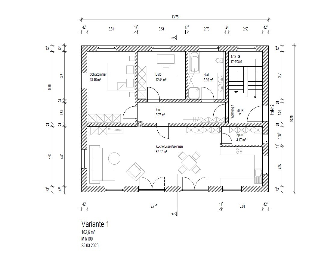 Grundriss Variante 1: Küche/Essen/Wohnen, Schlafzimmer, Büro, Bad, Flur, Speis