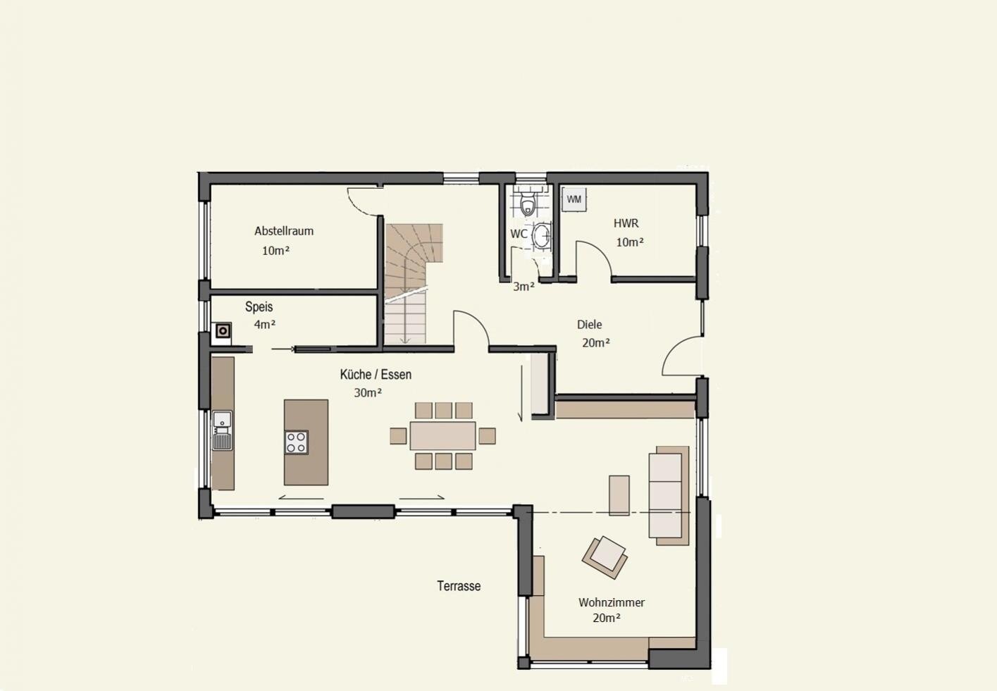 2D Grundrissplan eines Hauses mit Küche, Essen, Wohnzimmer und Terrasse