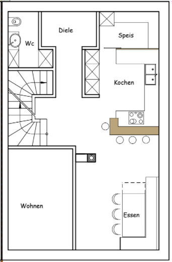 Grundriss Erdgeschoss: Wohnen links, Diele, WC, Kochen mit Insel, Speis, Essen rechts