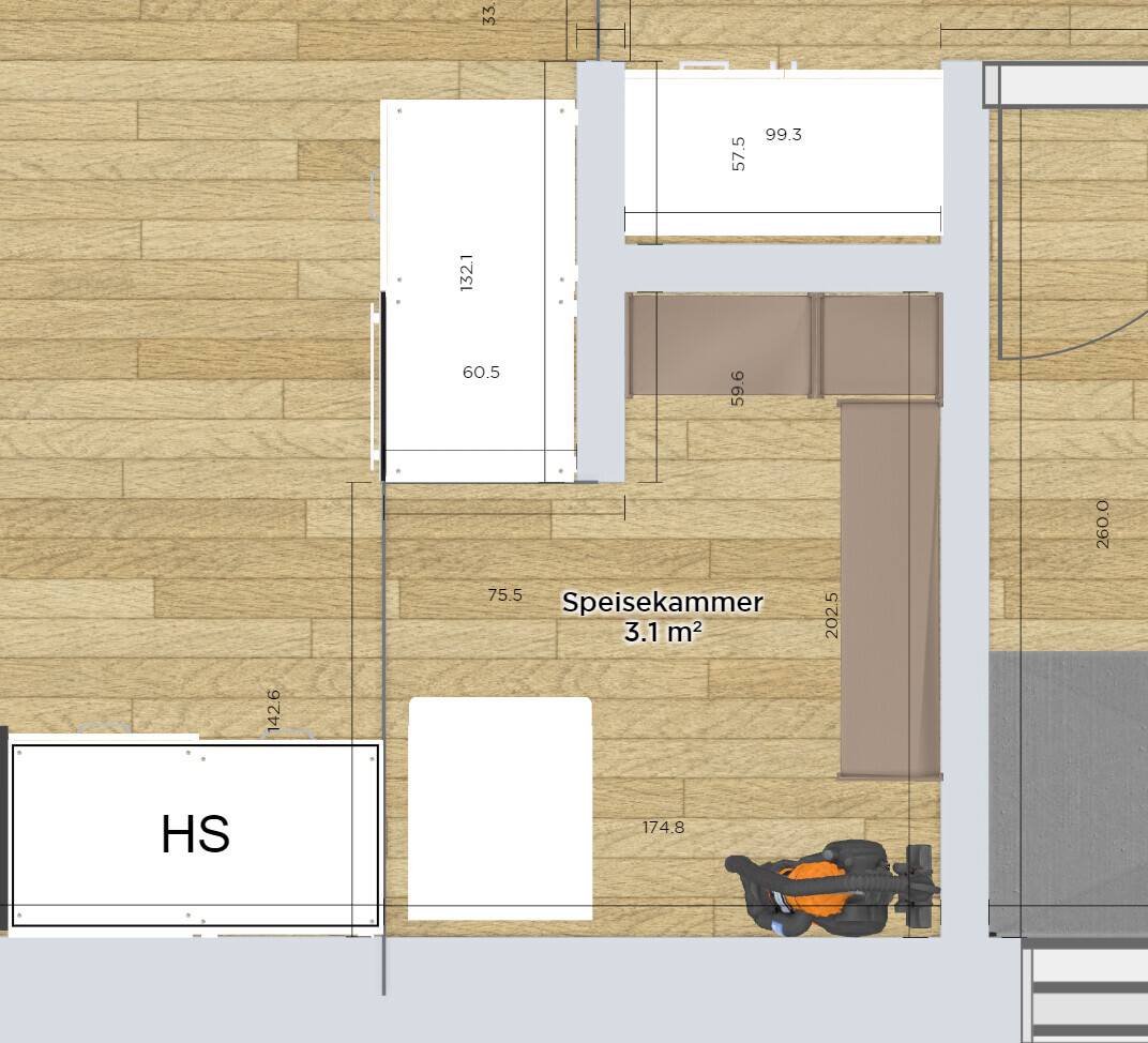 Grundriss eines Küchen- und Speisekammerbereichs: weiße Schränke, braune Eckbank, Holzboden, 3,1 m²