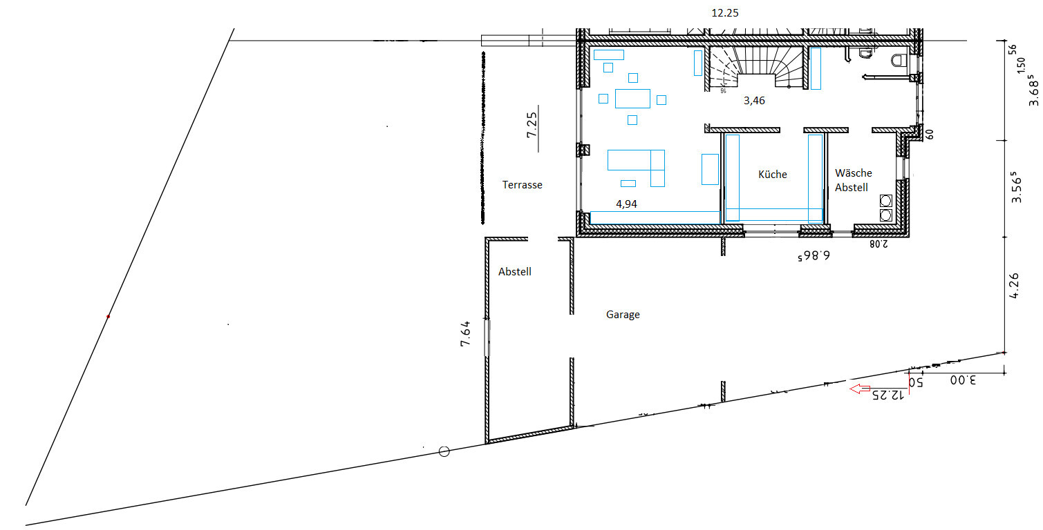 Grundrissplan eines Wohnhauses: Terrasse, Küche, Wäsche/Abstell, Garage, Treppenaufgang.
