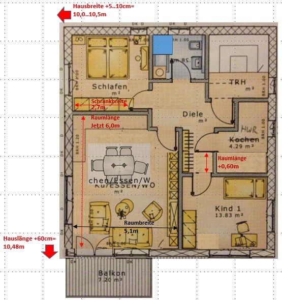 Grundriss eines Hauses mit Küche, Wohnzimmer und Balkon, Maße markiert.