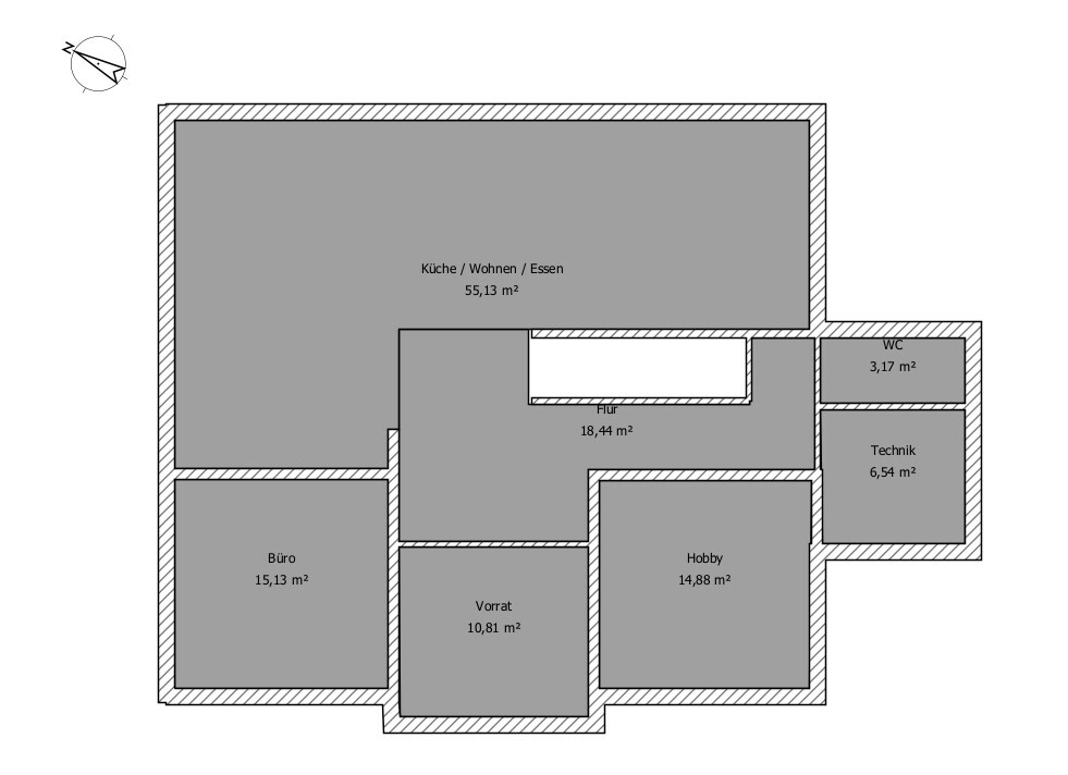 Grundriss eines Hauses: Küche/Wohnen/Essen, Flur, Büro, Vorrat, Hobby, WC, Technik.