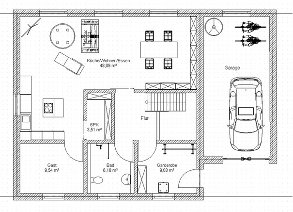 2D Grundriss eines Hauses mit Küche, Wohnen, Essen, Bad, Garderobe und Garage