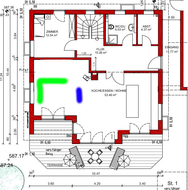 Grundriss eines Hauses: Küche/Ess/Wohnen, Flur, Zimmer, WC/DU, Abstellraum, Eingang, Terrasse.