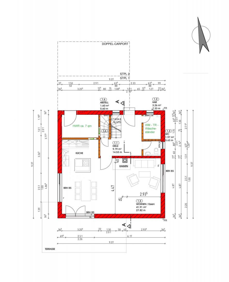 Grundriss eines Hauses: Wohnzimmer/Essen, Küche, Flur, HWR, Kamin, Terrasse, rote Außenwände.