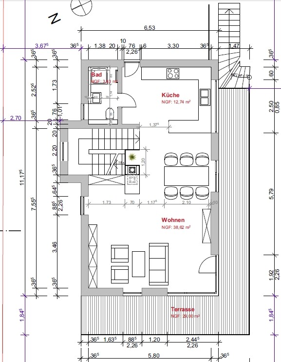 2D Grundriss eines Hauses mit Küche, Wohnzimmer und Terrasse