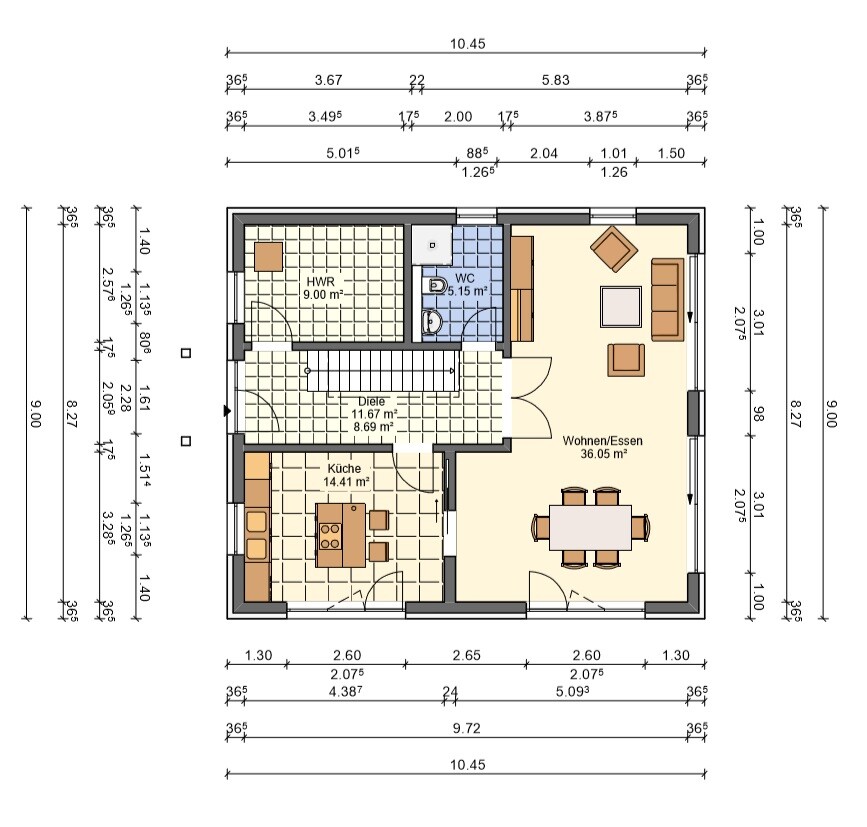 Grundriss eines Hauses: Küche, Diele, HWR, WC und offener Wohn-/Essbereich.