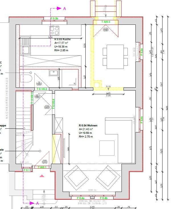2D-Grundriss eines Hauses mit Küche, Essbereich und Wohnzimmer, inklusive Maßangaben