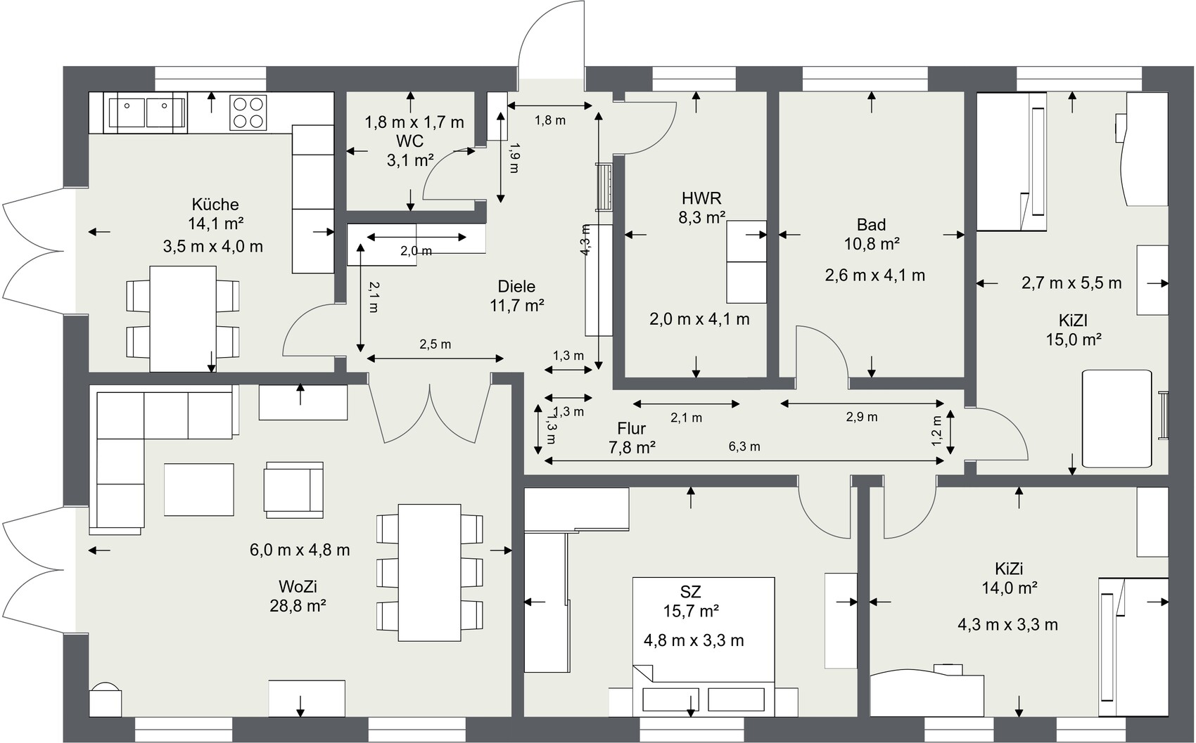 Grundriss einer Wohnung mit Küche, Wohnzimmer, Diele, Flur, Bad, WC, HWR und drei Schlafzimmern.