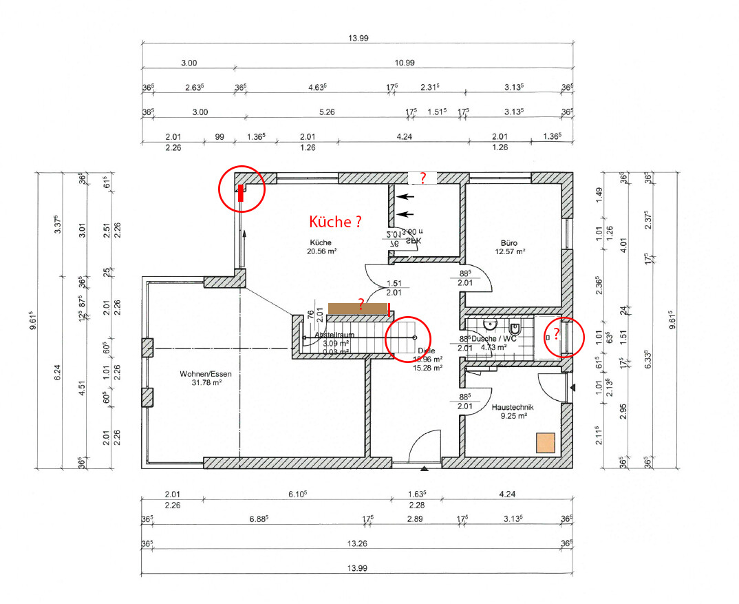 Grundriss eines Hauses: Küche, Wohnen/Essen, Büro, Diele, Dusche/WC, Hauswirtschaft.