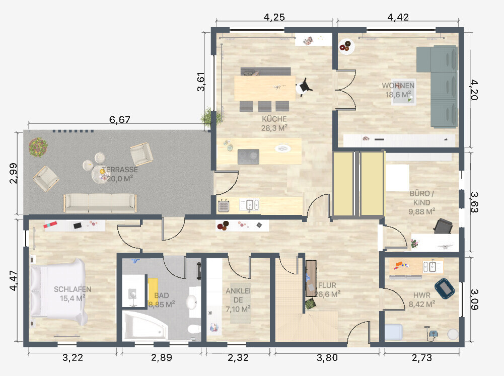 Grundriss eines Hauses: Küche, Wohnen, Schlafen, Bad, Terrasse, Büro/Kind, HWR.