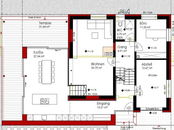 Grundriss eines Hauses mit Küche, Essbereich, Wohnzimmer, Eingang und Terrasse.