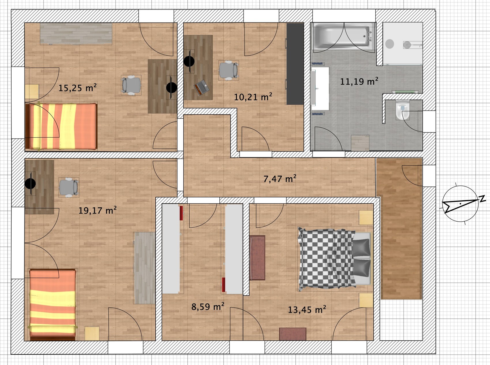 2D-Grundriss eines Hauses mit mehreren Zimmern und Größenangaben in Quadratmetern