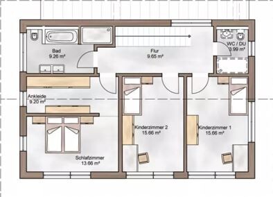 Grundriss eines Einfamilienhauses mit Bad, Flur, Schlafzimmer und Kinderzimmer
