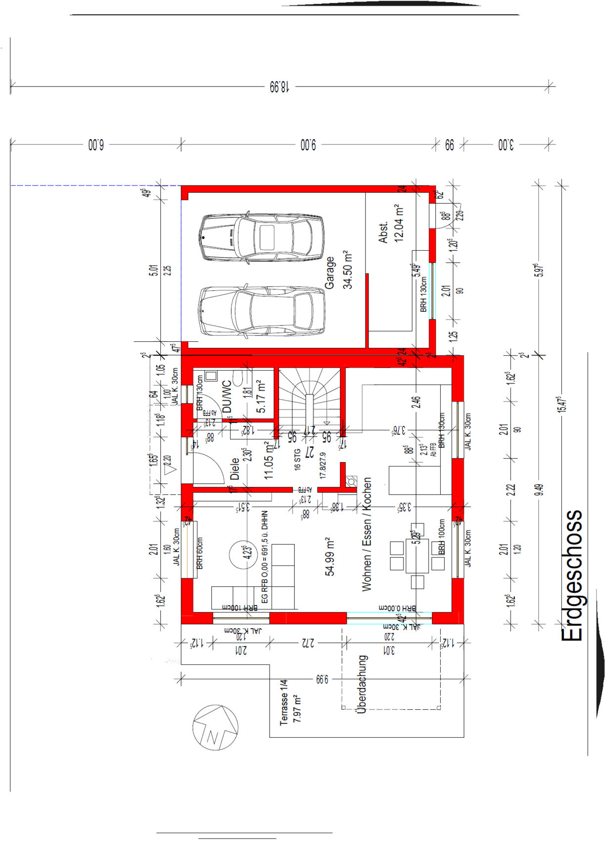 Grundriss Erdgeschoss: Garage mit zwei Autos, Wohnen/Essen/Kochen, Diele, Abstellraum, Treppenhaus, Terrasse.