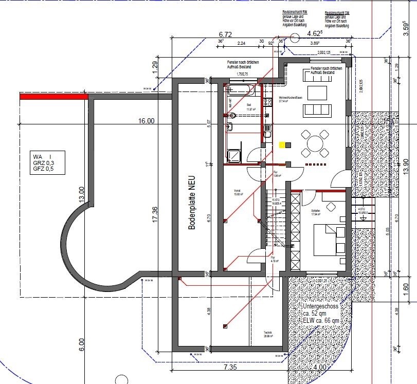 Grundriss eines Hauses: Räume, Treppen, Türen; Wohnzimmer, Küche, Bad, Maße.