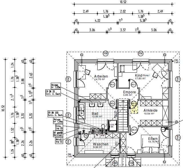 2D-Grundriss Obergeschoss mit Arbeiten, Kind, Eltern, Bad, Ankleide, Waschen, Empore.