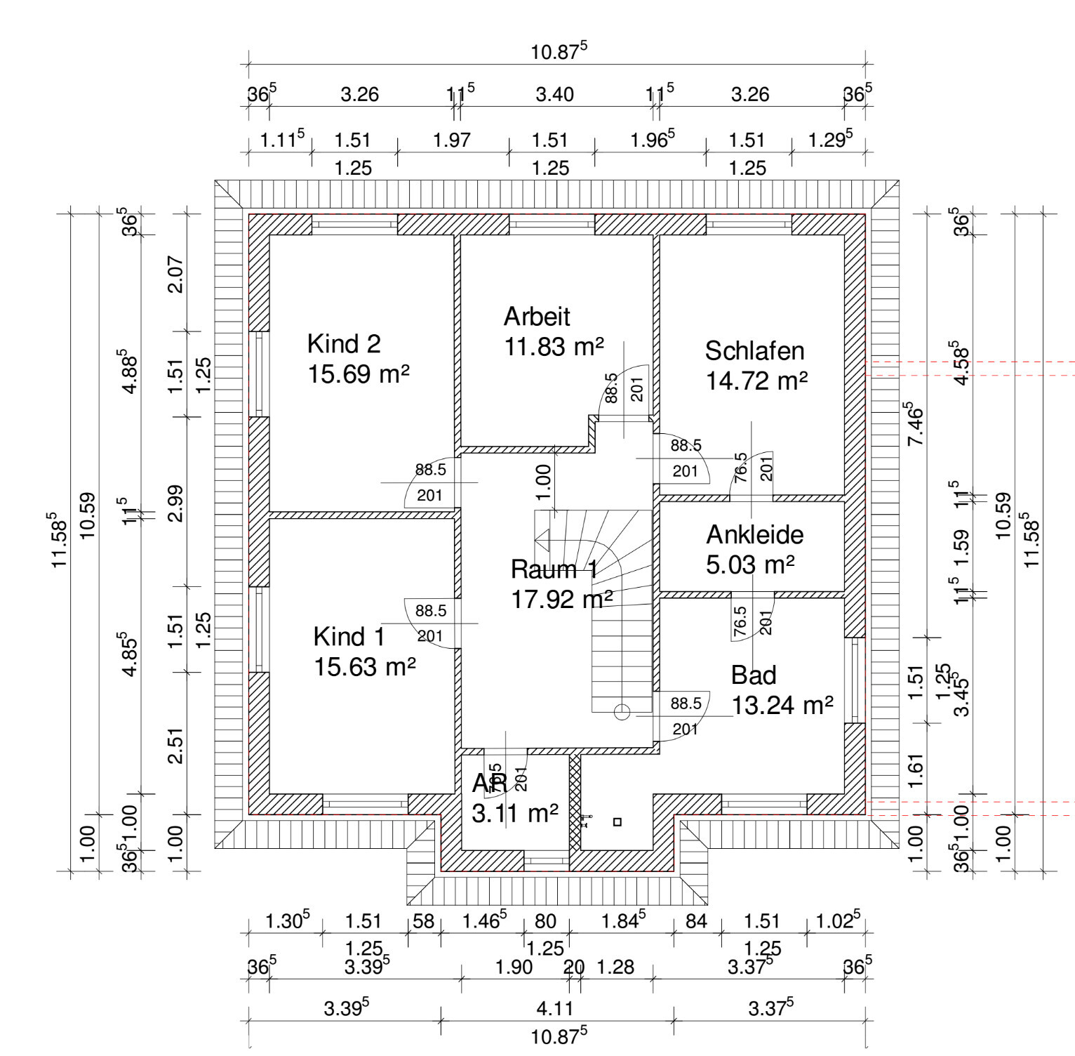 Grundriss eines Hauses mit Arbeitszimmer, Schlafzimmer, zwei Kinderzimmern, Ankleide und Bad