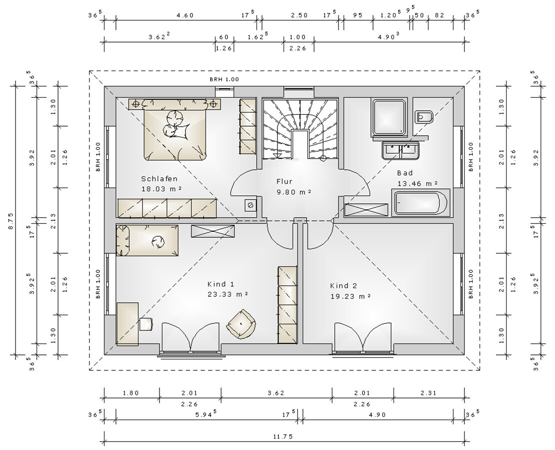 2D-Grundriss eines Hauses mit Flur, Schlafzimmer, zwei Kinderzimmern, Bad und Treppe