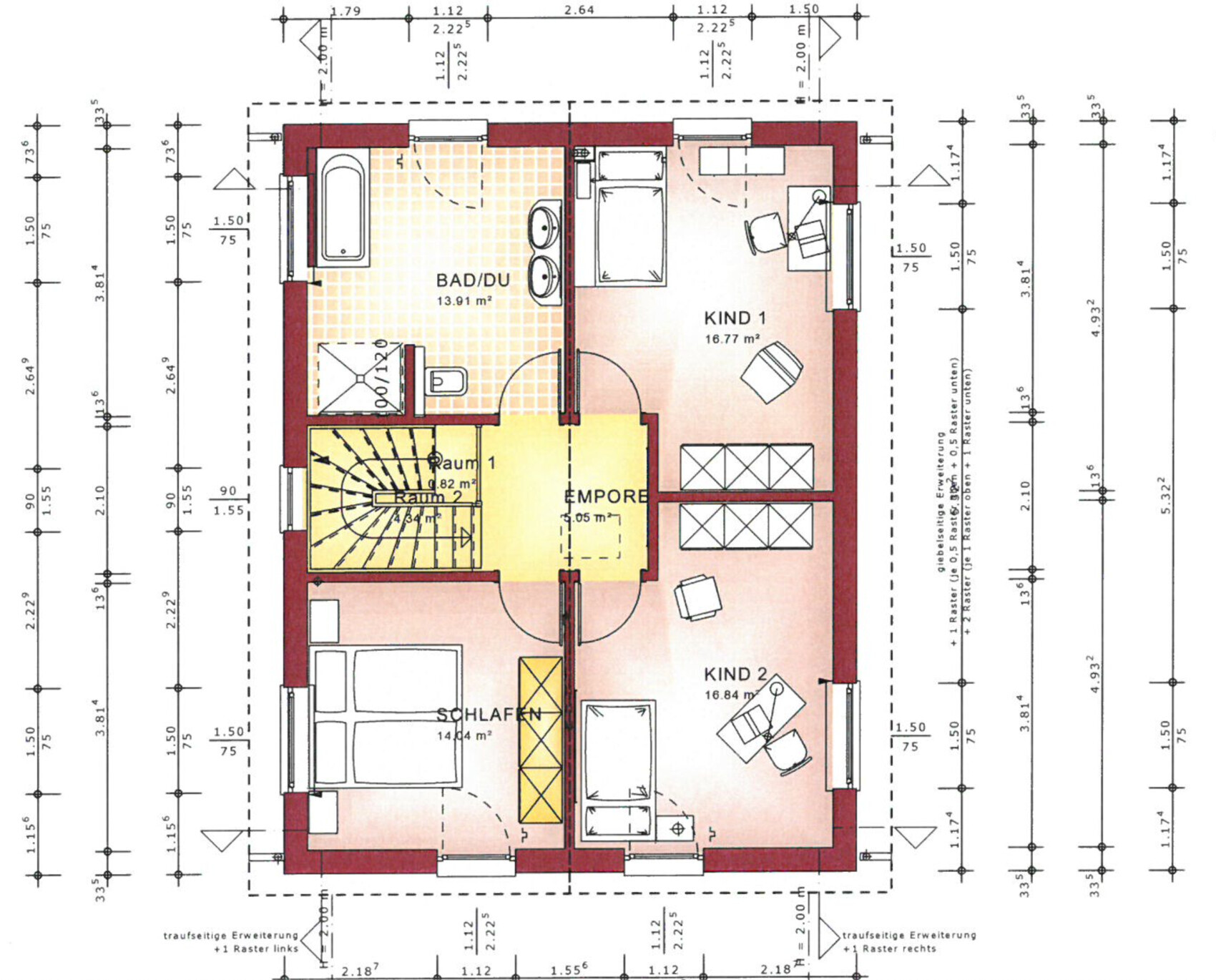 Grundriss eines Hauses im Obergeschoss mit Bad, Schlafen, zwei Kinderzimmern, Treppen und Empore