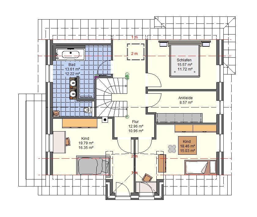 Grundriss eines Obergeschosses: Flur, Treppe, Bad, Ankleide, Schlafzimmer und zwei Kinderzimmer.