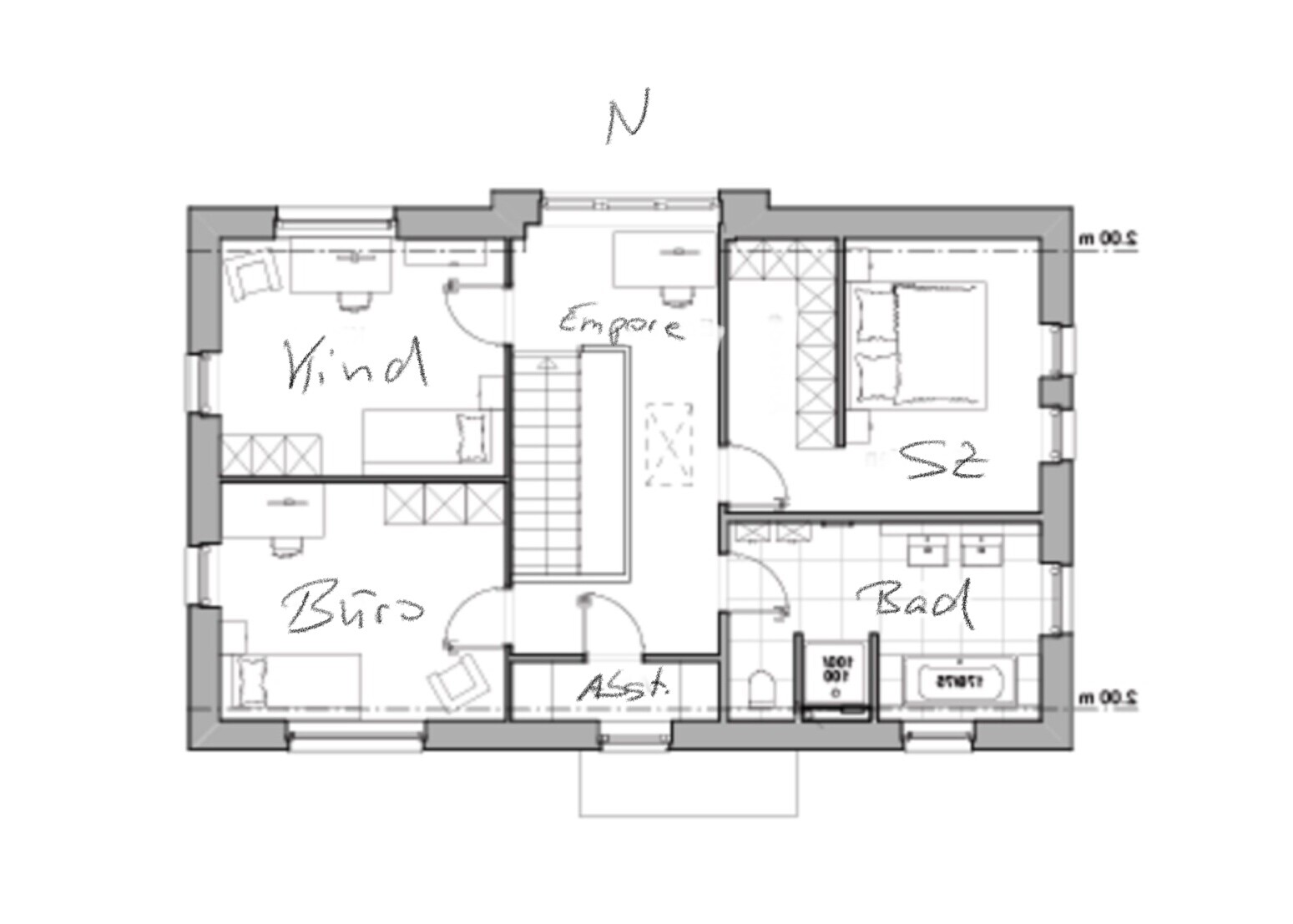 Grundriss eines Hauses mit zentraler Treppe, links Büro/Wohnen, rechts Schlafzimmer und Bad.