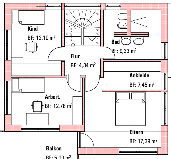 Grundriss eines Hauses mit Flur, Balkon, Bad, Ankleide, Eltern- und Kinderzimmer.