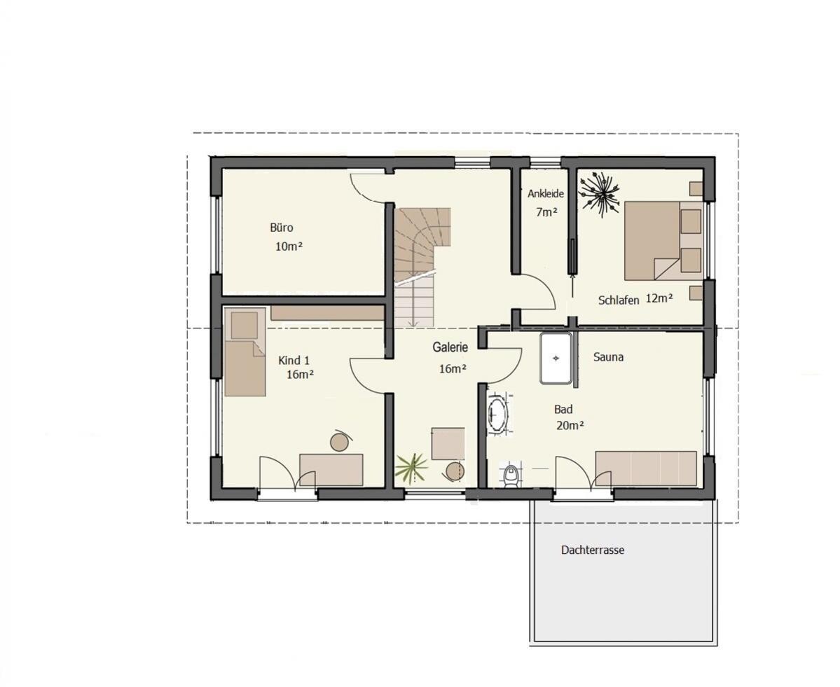 Grundriss eines Hauses mit Büro, Kinderzimmer, Schlafzimmer, Bad, Sauna und Dachterrasse