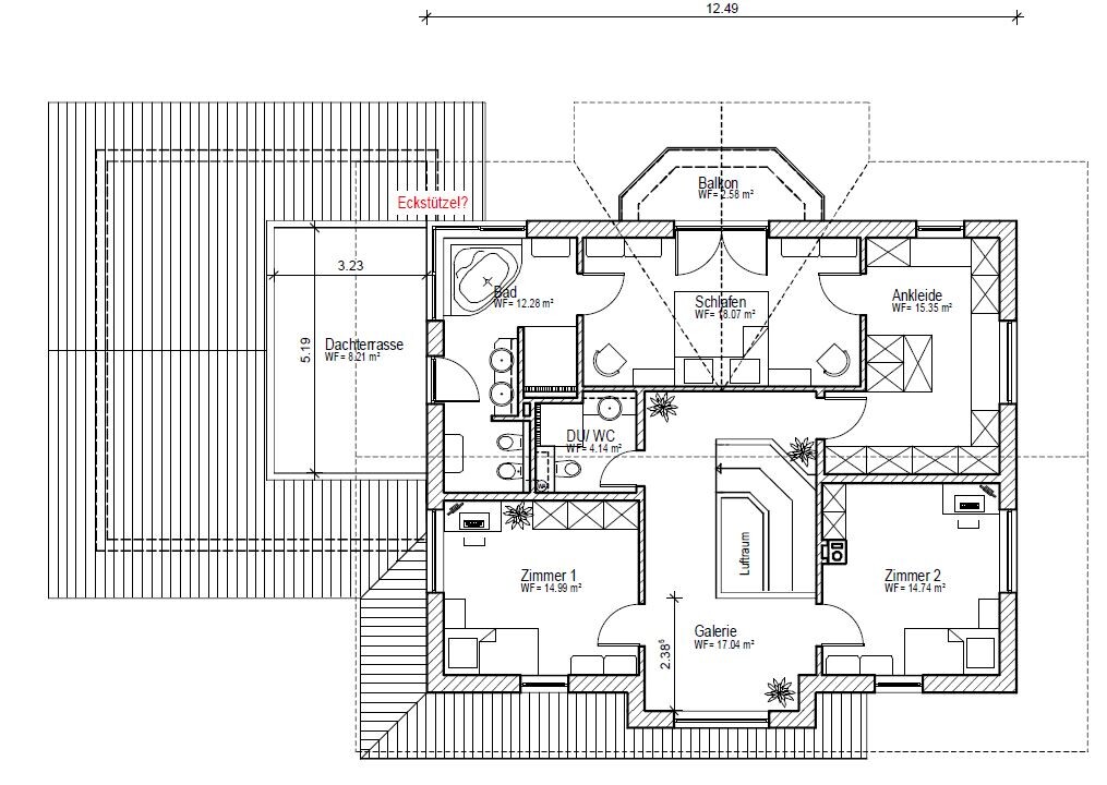 Grundriss eines Hauses im Obergeschoss mit Schlafzimmern, Galerie und Dachterrasse - Planzeichnung