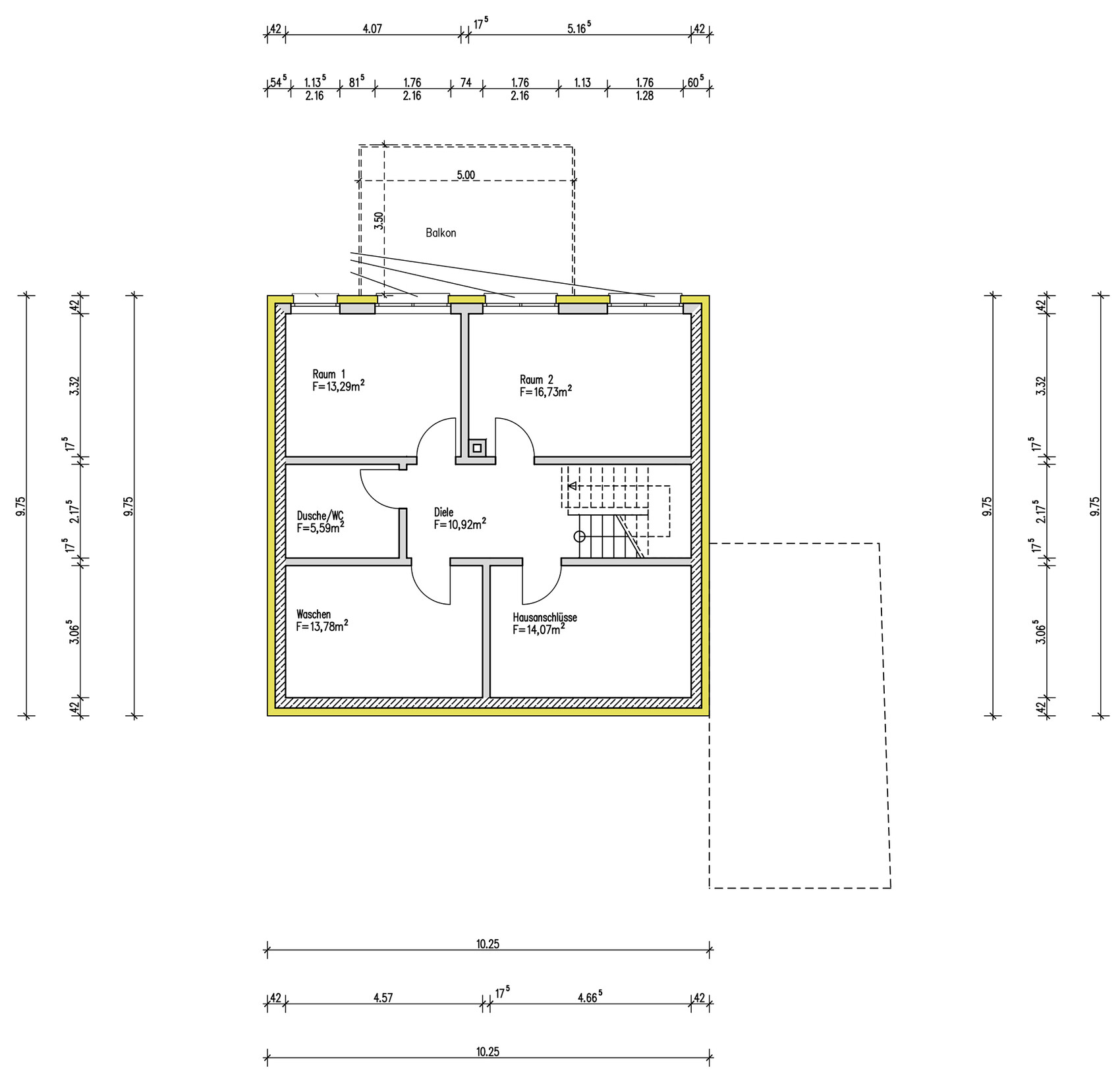 Grundriss eines Hauses, Obergeschoss, Diele, 2 Räume, Balkon