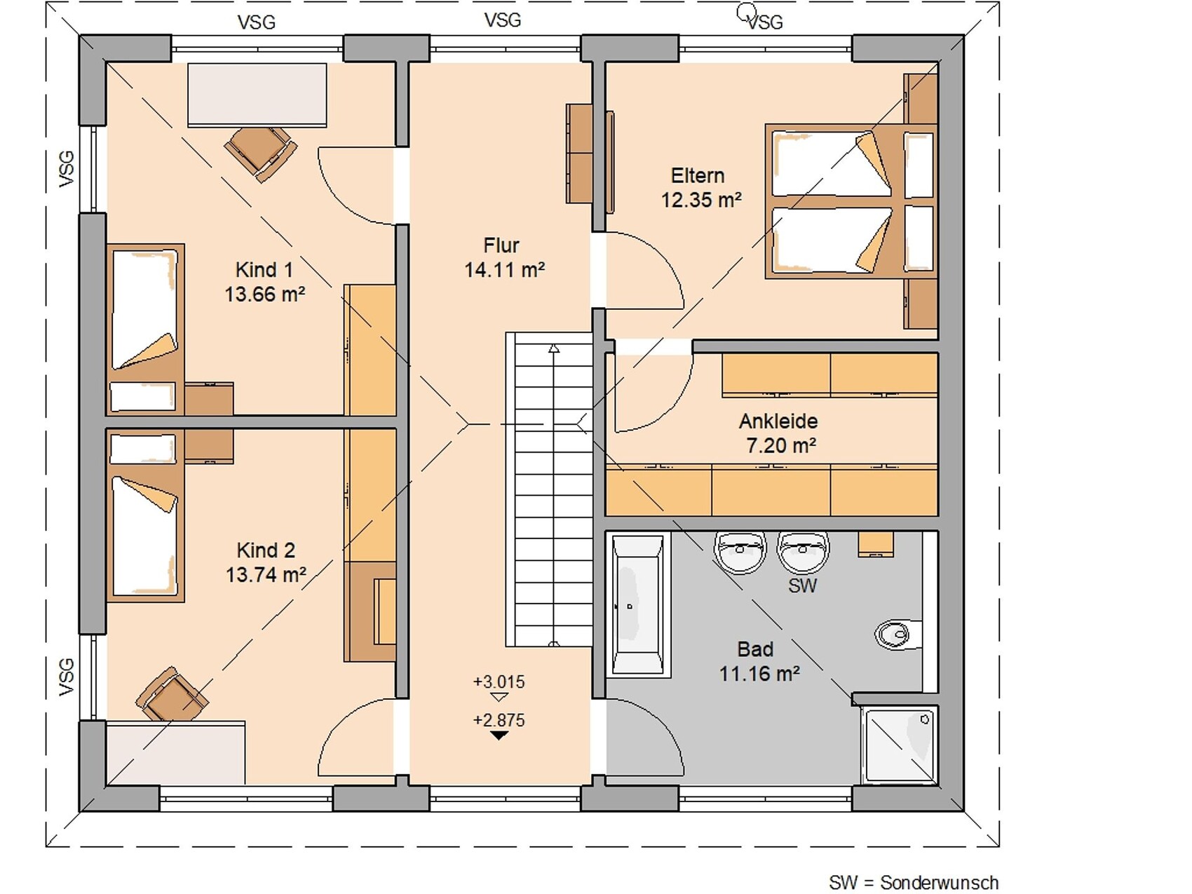 Grundriss eines Obergeschosses zeigt Flur, Elternzimmer, zwei Kinderzimmer, Ankleide und Bad.