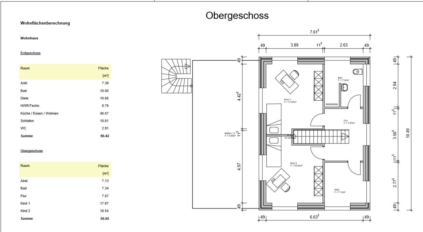 Grundriss eines Hauses: Obergeschoss mit Treppenaufgang, Zimmern, Bad, Flur und Flächenangaben.