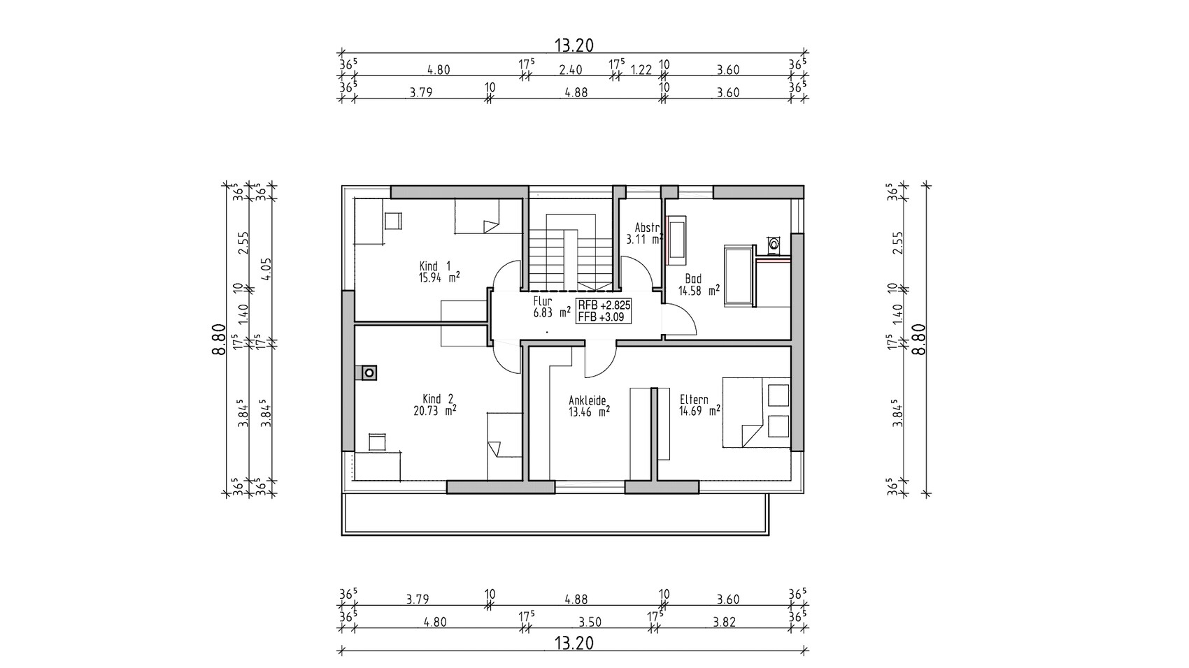 Grundriss eines Obergeschosses: Flur, Eltern-, Kinderzimmer, Ankleide, Bad, Abstellraum, Maße in m²