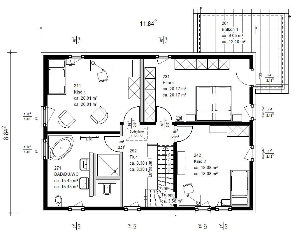 Grundriss des Obergeschosses eines Hauses mit drei Schlafzimmern, Bad, Flur, Treppe und Balkon.