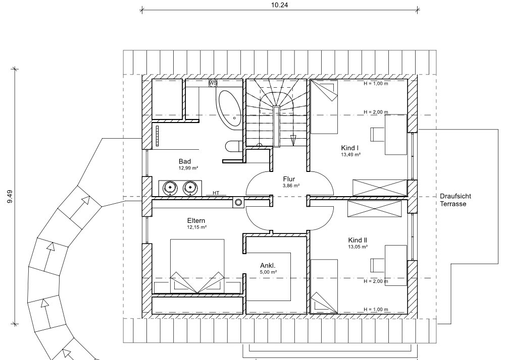 Grundriss Dachgeschoss mit Flur, Bad, Eltern, Ankleide, Kind I, Kind II, Terrasse.