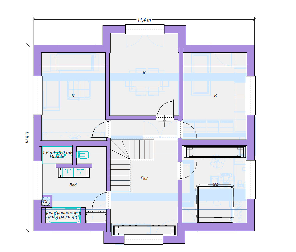 Grundriss eines Obergeschosses mit zentraler Treppe, Flur, zwei Küchen, Bad, Dusche und Schlafzimmer.
