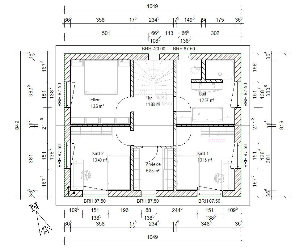 Grundriss eines Hauses, Obergeschoss: Flur, Bad, Elternzimmer, zwei Kinderzimmer, Ankleide.