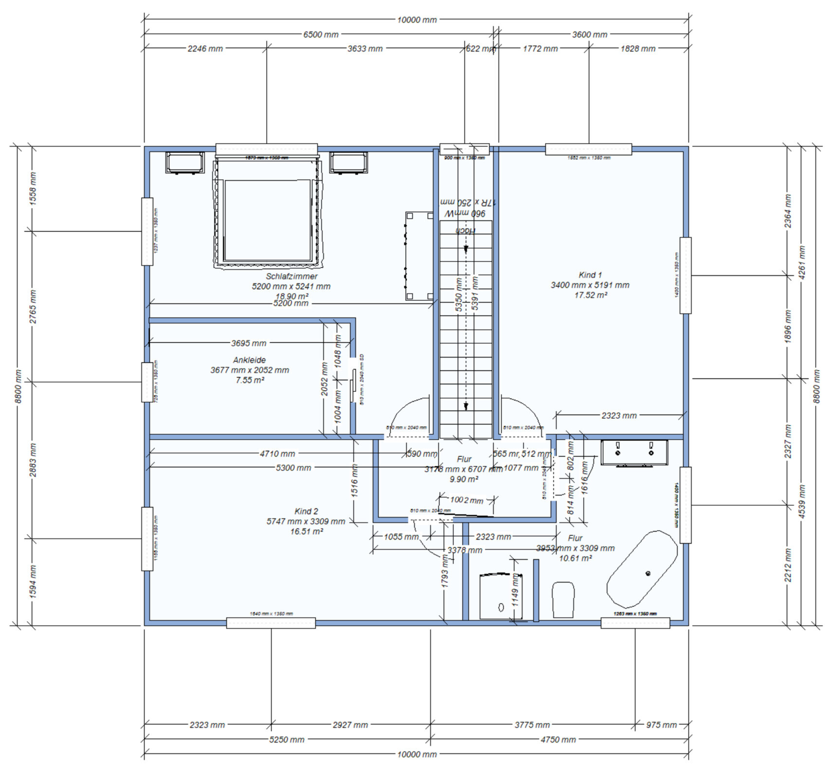 Grundriss eines Hauses, Obergeschoss: Schlafzimmer, Ankleide, zwei Kinderzimmer, Flur, Bad, Treppe.