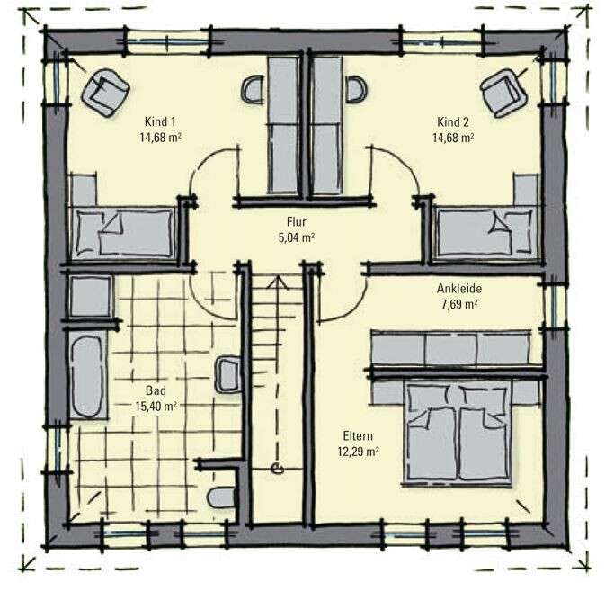 Grundriss eines Hauses: Flur führt zu Eltern, Kind 1, Kind 2, Bad und Ankleide.