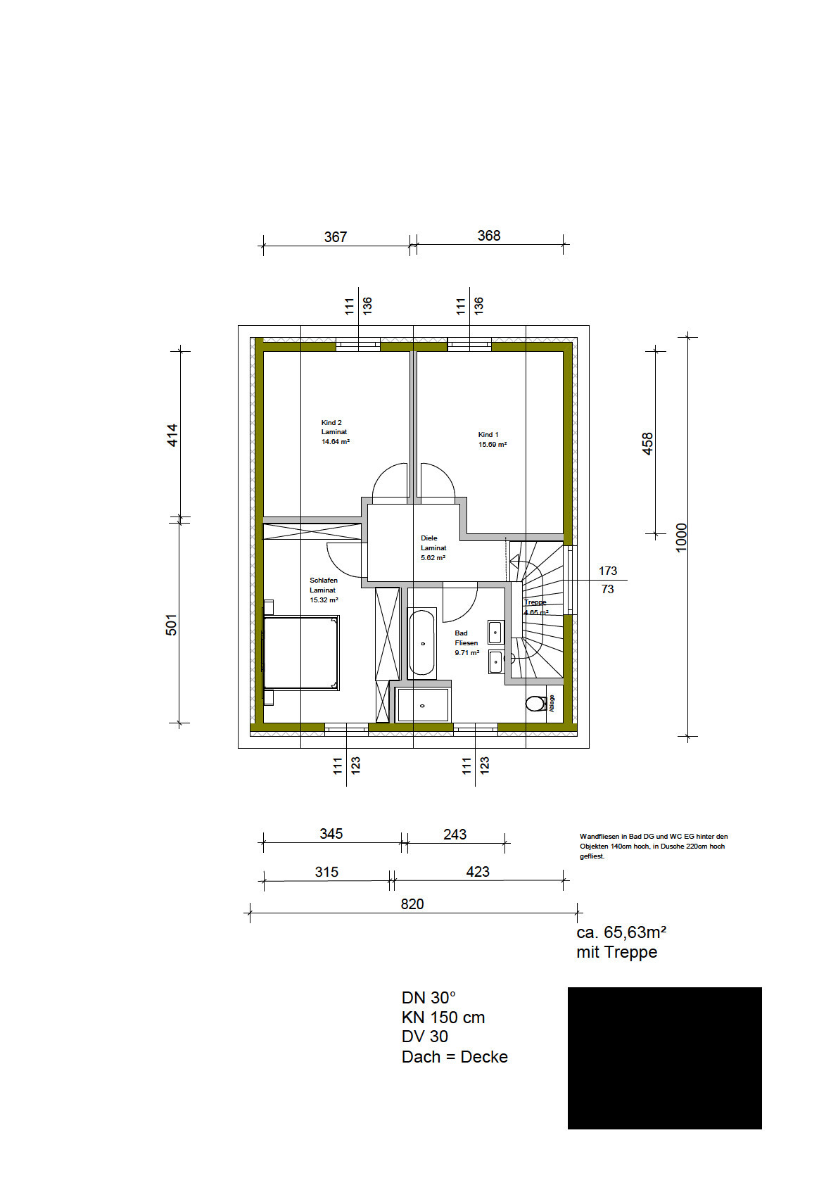 Grundriss OG mit zwei Kinderzimmern, Schlafzimmer, Bad, Diele und Treppe.