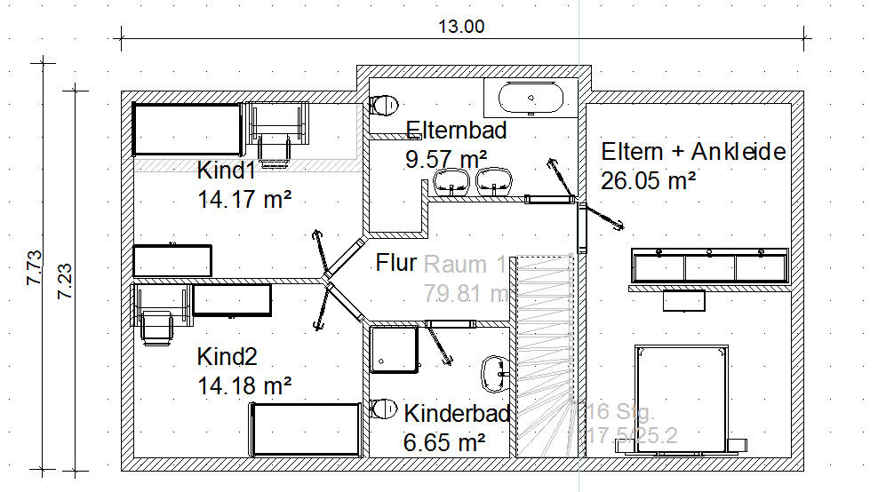 Grundriss eines Familienhauses: Elternbad, Eltern + Ankleide, 2 Kinderzimmer, Kinderbad, Flur.