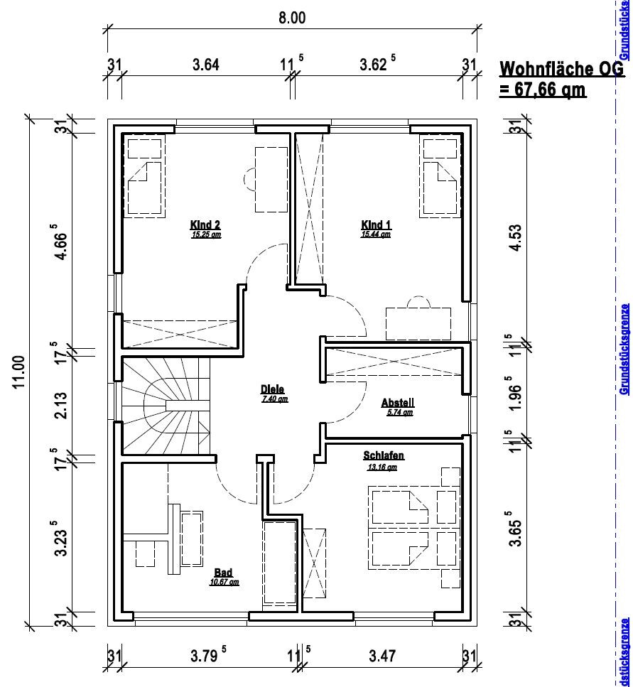 Grundriss Obergeschoss: Diele, Bad, Schlafen, Abstell, zwei Kinderzimmer, Treppe.