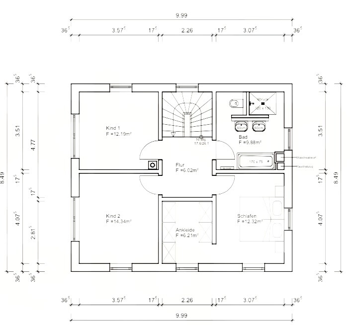 Grundriss: Flur, Bad, Schlafen, Ankleide, zwei Kinderzimmer.