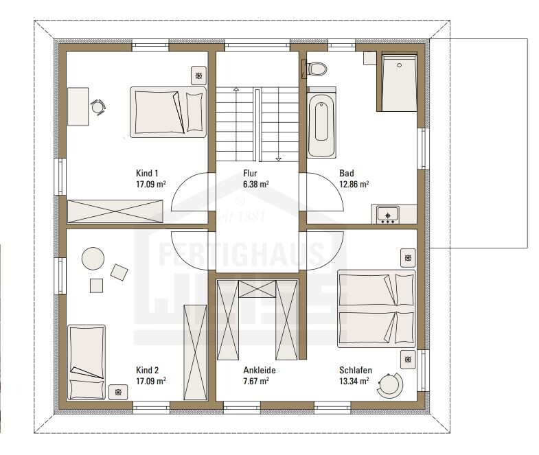 Grundriss Obergeschoss: Flur, Bad, Schlafen, Ankleide, zwei Kindzimmer, Treppe